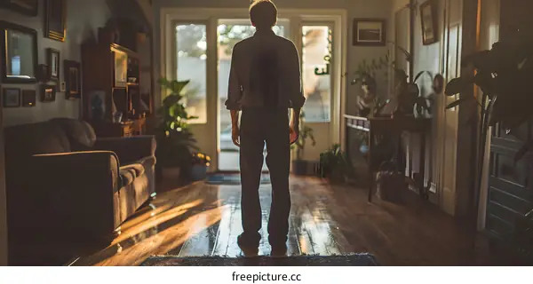 A man standing in a doorway looking out at the sun