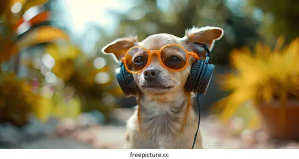A chihuahua dog in sunglasses and headphones