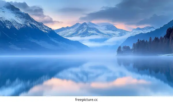 Misty Mountain Lake Sunrise Reflection