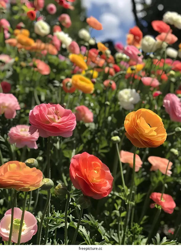Close Up Of A Field Of Colorful Ranunculus Flowers