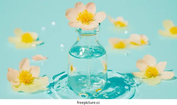 Glass Bottle with Water and Flowers Floating on Blue Background