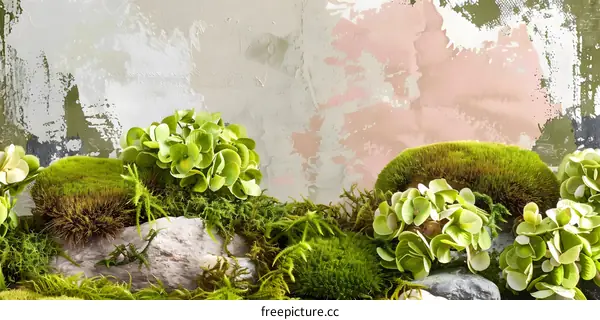 Green Moss and Flowers Against Weathered Wall
