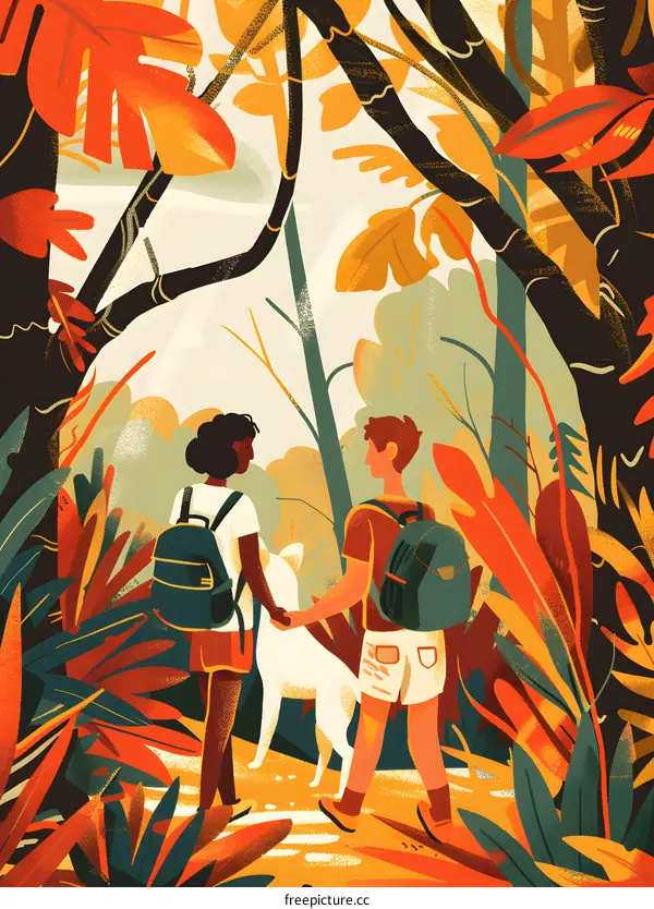 Couple Walking Through Forest with Dog