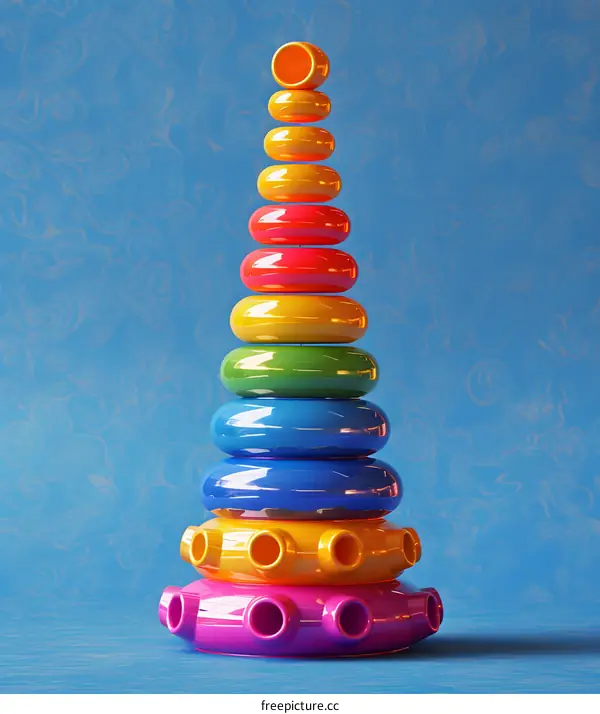 Colorful plastic toy rings stacked up high on a blue background