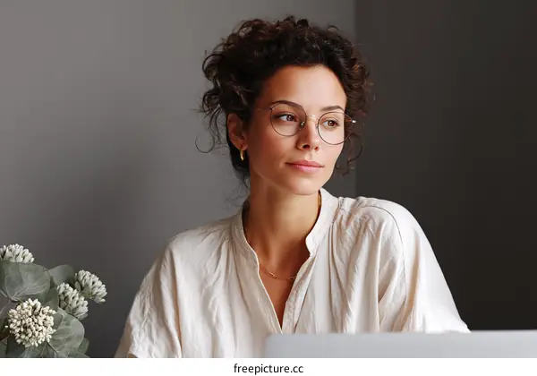 Thoughtful Woman with Glasses in Cream Shirt