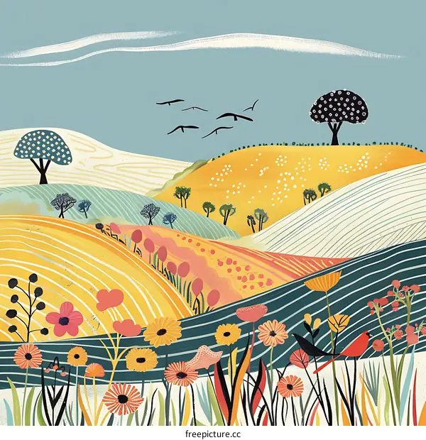 Colorful Landscape With Rolling Hills and Flowers