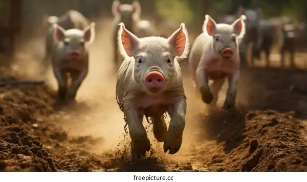 A group of happy pigs running in the mud