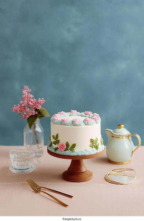 Elegant Rose Decorated Cake on Wooden Stand