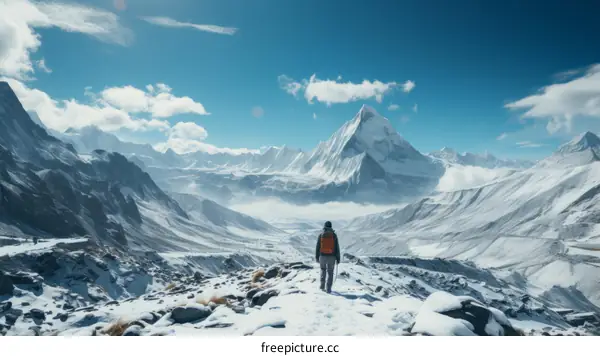 A Lone Hiker Stands on a Mountain Summit and Gazes at the View