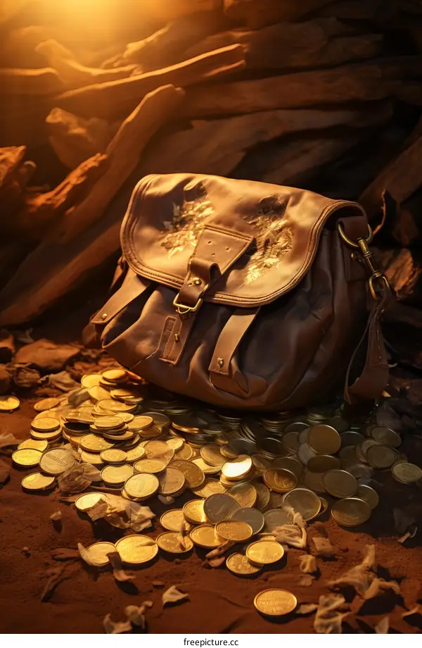 leather bag with gold coins