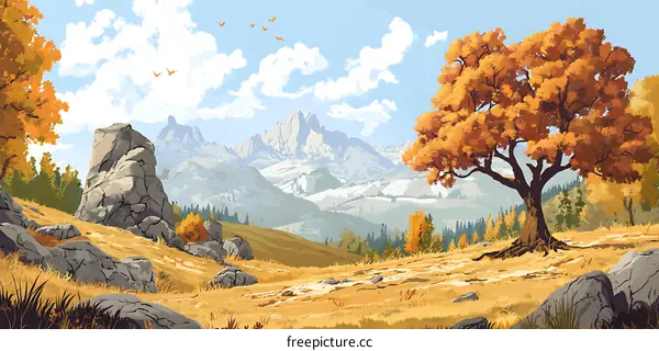 Autumn Landscape with Mountains and Tree