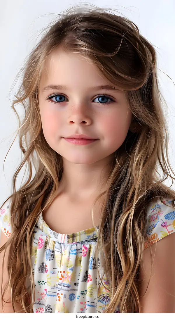 Portrait of a Young Girl with Blue Eyes and Long Blonde Hair