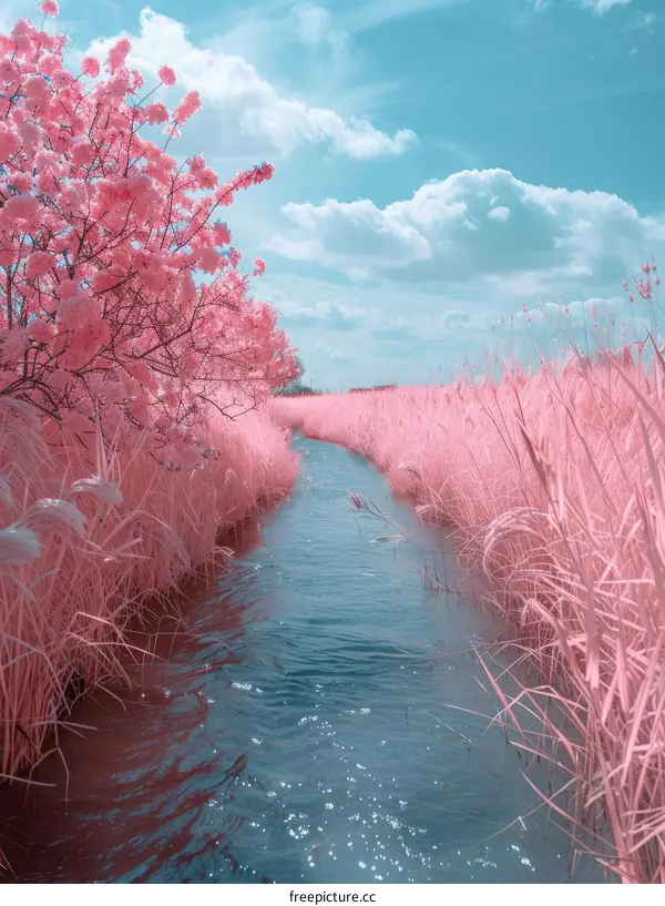 Infrared photography of a pink flower field and a river flowing through it