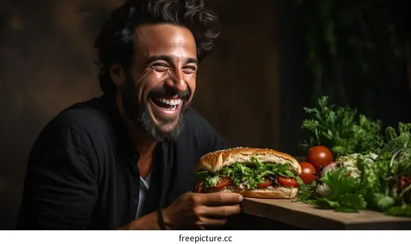 Joyful man enjoying a delicious sandwich
