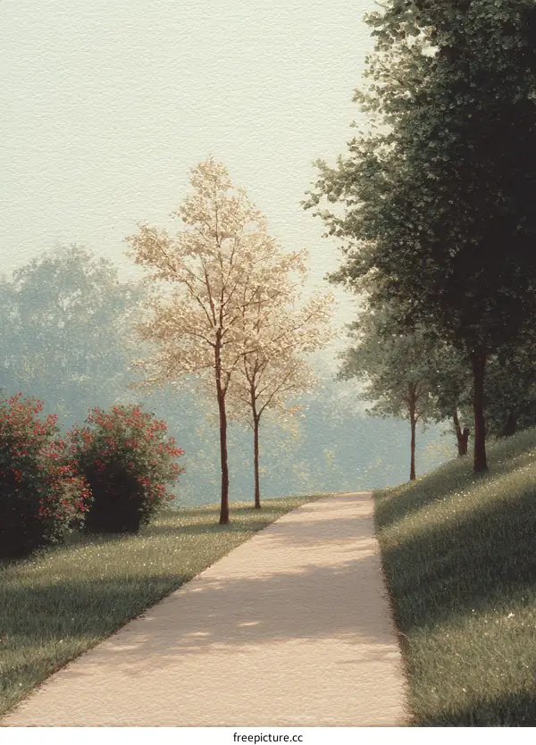 Pastel Park Pathway in Sunny Morning Light