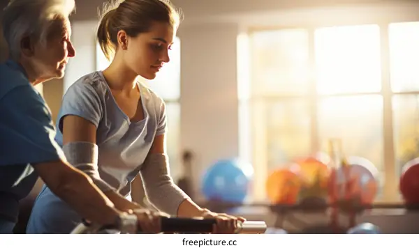 Physical therapist assisting senior woman during rehabilitation