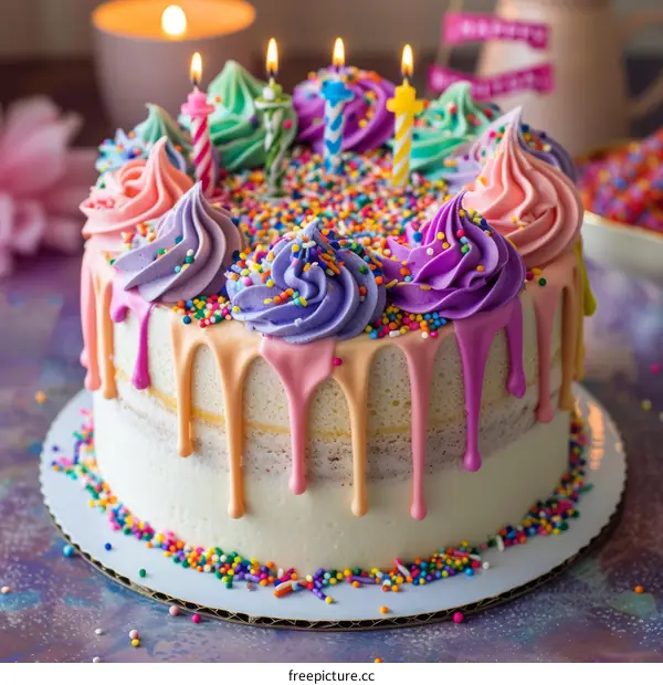 Birthday cake with colorful frosting and sprinkles