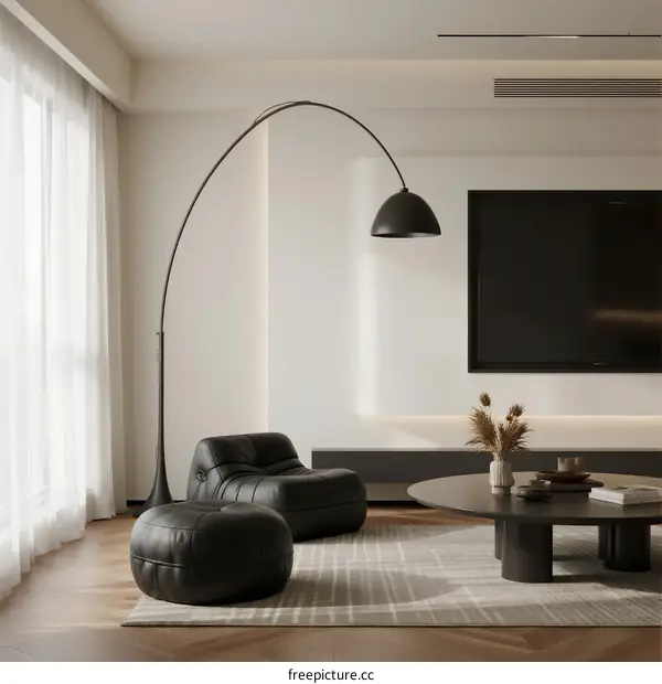 Modern living room with black arc floor lamp and leather sofa