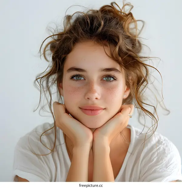 Young woman with curly hair and freckles looking at camera