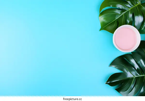 Tropical Leaves and Pink Liquid in a White Bowl on a Blue Background