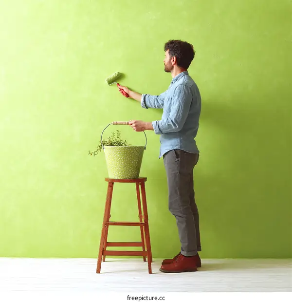 Man Painting a Lime Green Wall with Paint Roller