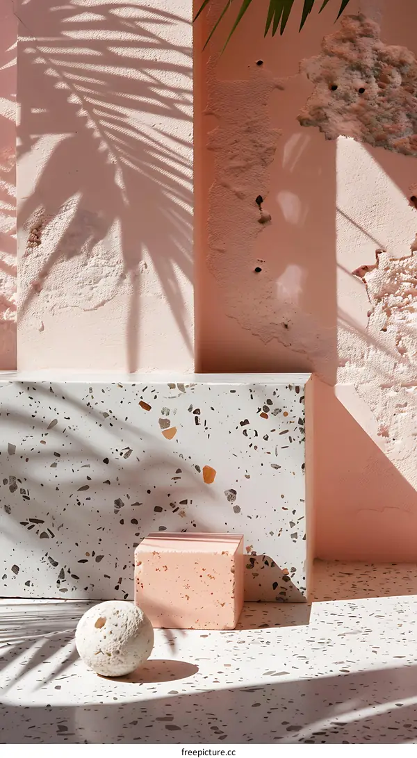 Pink and White Terrazzo Podium with Palm Leaf Shadow
