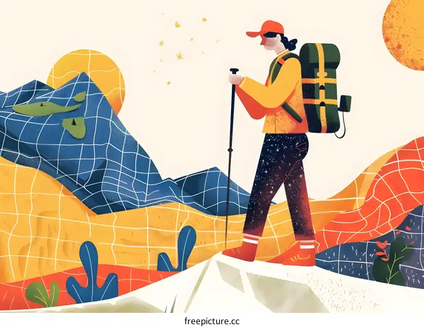 Hiking Man with a Backpack in Mountain Landscape Illustration