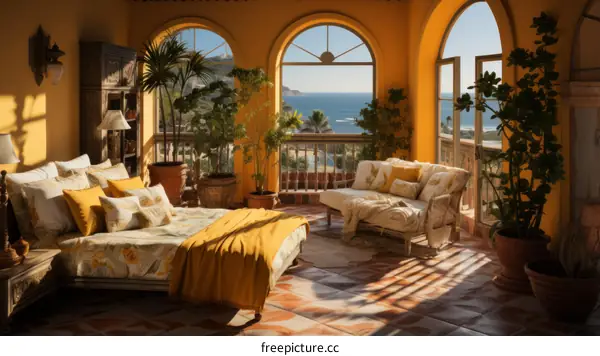 Yellow room with a bed and a sofa