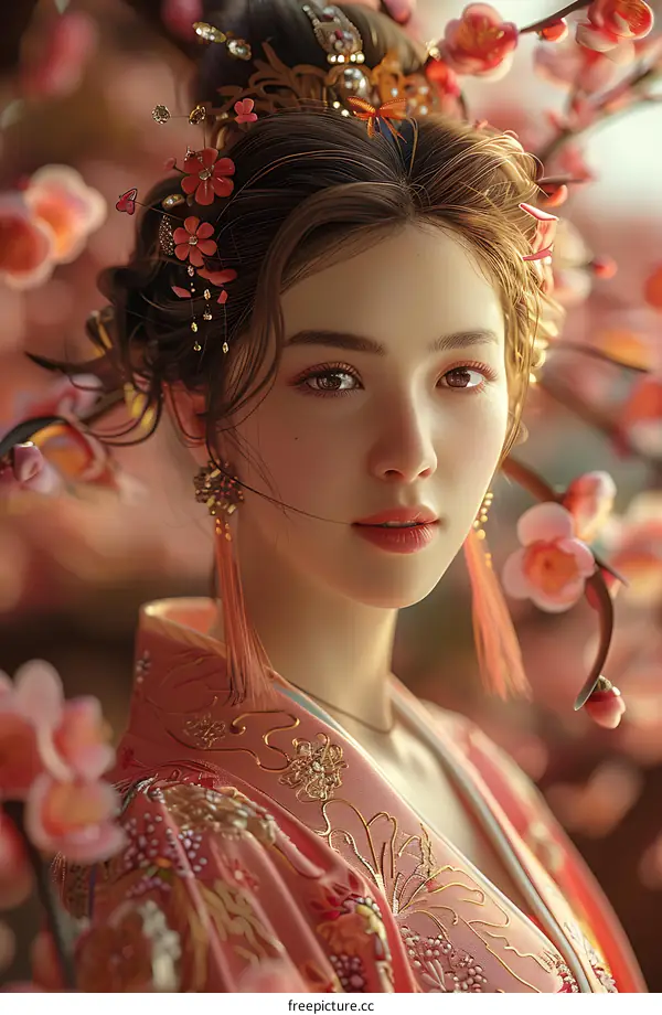 Elegant Asian Woman in Traditional Outfit with Flowers