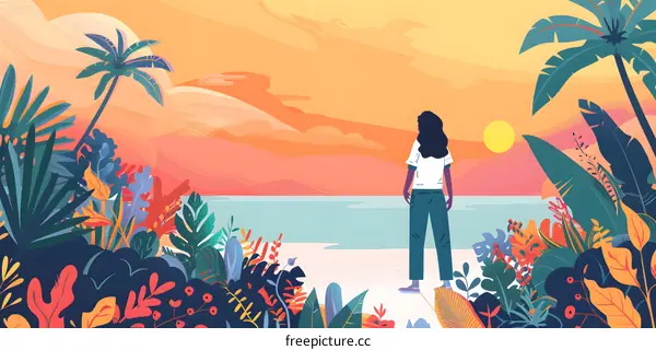 Woman Facing the Sunset on the Beach with Palm Trees