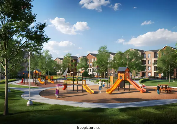 Kids Playing On A Playground With A Large Multi Level Play Structure