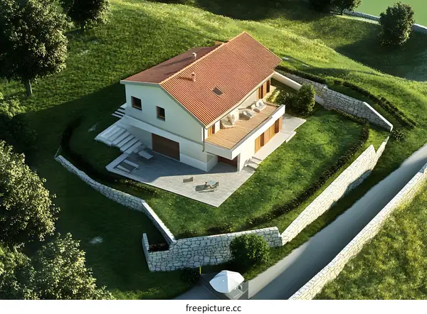 Modern House with Stone Walls and Green Grass