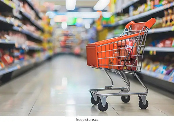 Red Shopping Cart in Grocery Store Aisle
