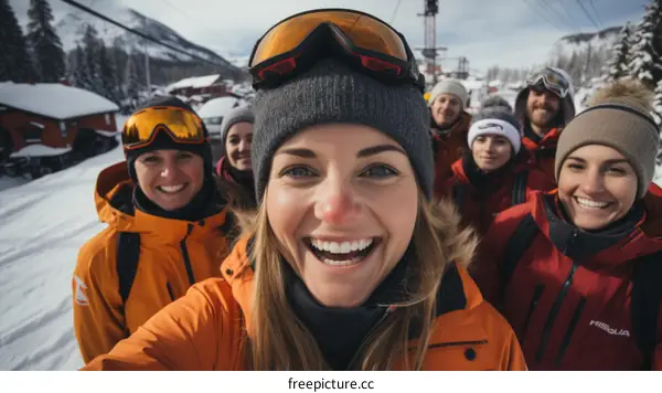 A group of friends skiing down a snowy mountain