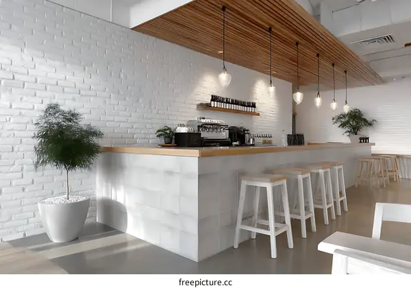 Modern Cafe Bar Interior Design with White Brick Wall