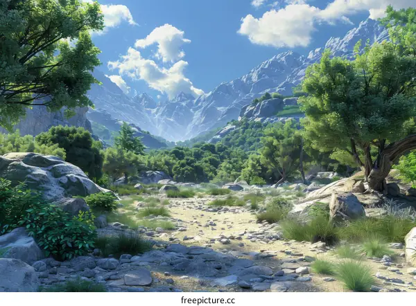 Rocky Valley and Verdant Mountains