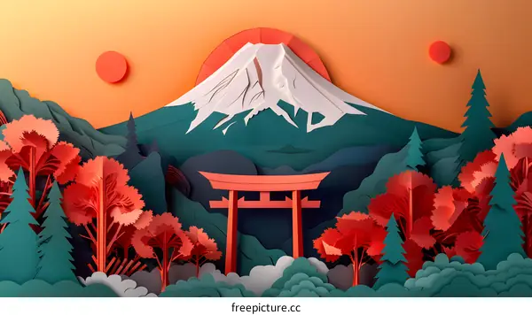 Mount Fuji in the style of paper cut art