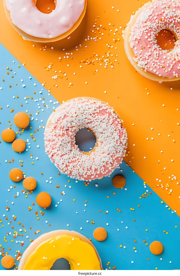 Colorful Donuts with Sprinkles on Blue and Orange Background