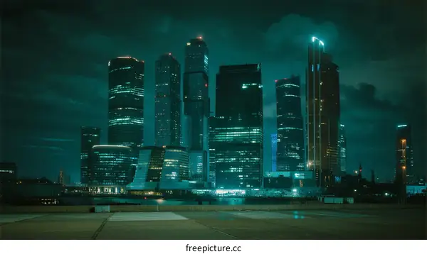 Modern city skyline with tall buildings under dark sky