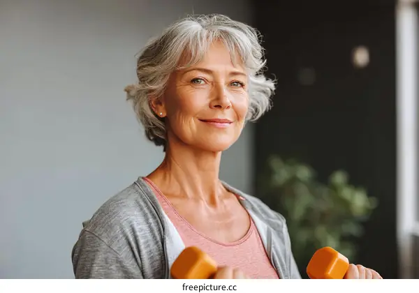 Senior Woman Exercising with Dumbbells Indoors