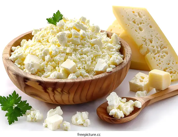Fresh cottage cheese and cheese on a white background