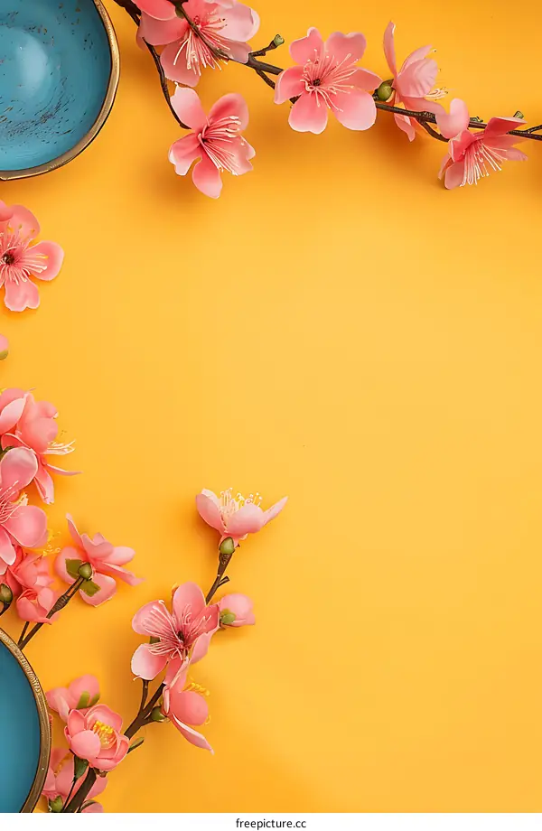 Pink Flowers and Blue Bowl on a Yellow Background
