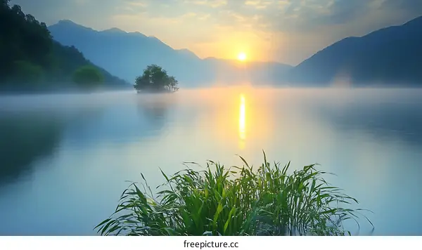 Sunrise over Misty Mountain Lake