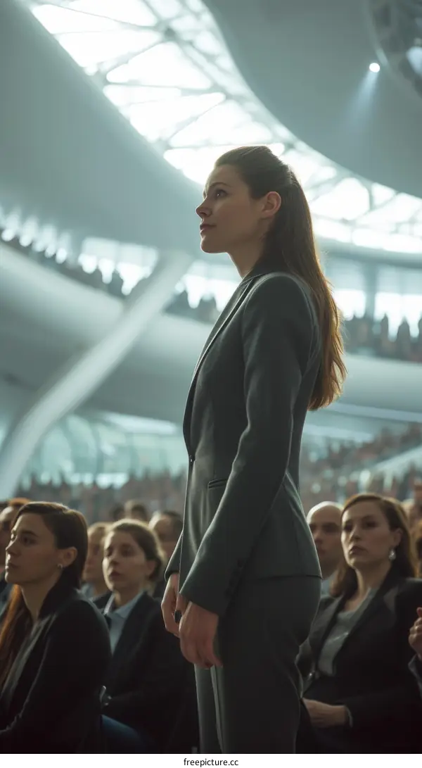 A woman standing in front of a large crowd giving a speech