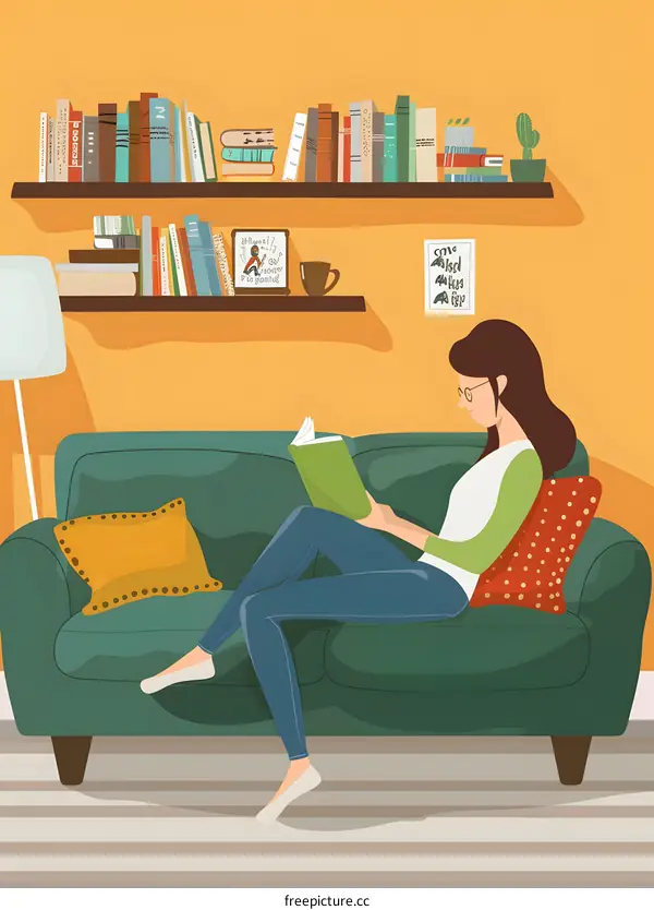 Woman Sitting On Couch Reading Book In Living Room Illustration