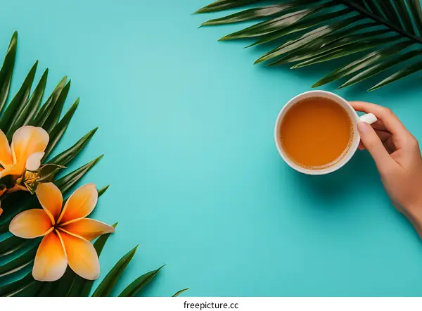Tropical Tea Time Flat Lay with Palm Leaves and Flowers