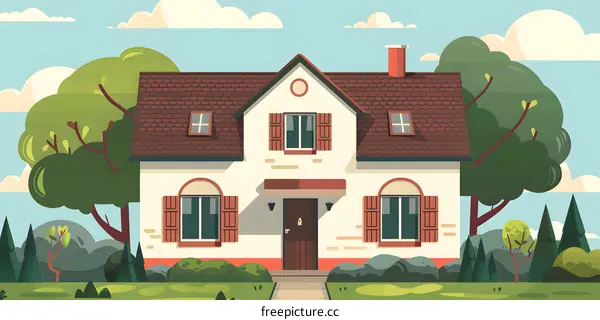 Front View of a House with a Brown Roof