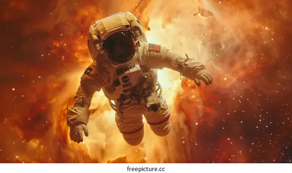Astronaut in orange spacesuit floating in the vastness of space