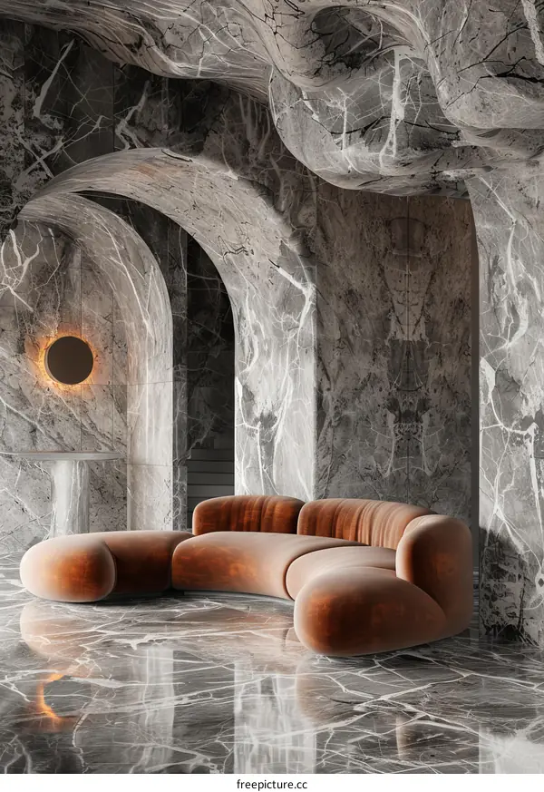 Modern Marble Wall with Orange Sofa and Archway for Home Decor