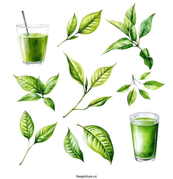 [Transparent Background PNG]Watercolor illustration of Tea Leaves and Drink